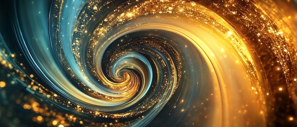 A digital artwork of a golden ratio spiral in gold and teal, 
            with glowing particles and a cosmic, futuristic aesthetic.
