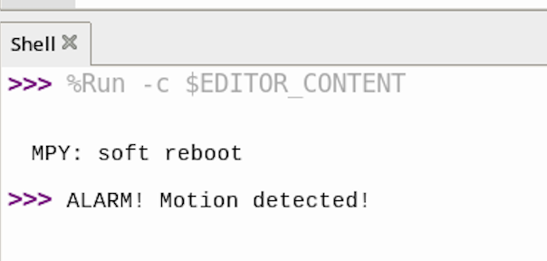 Burglar alarm terminal output showing ALARM! Motion detected!