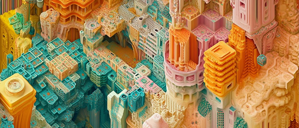 Colorful, abstract 3D cityscape with tessellated structures, representing a bootloader and kernel for a developer lesson.
