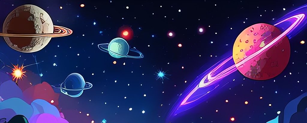 A vibrant space scene with planets and stars.